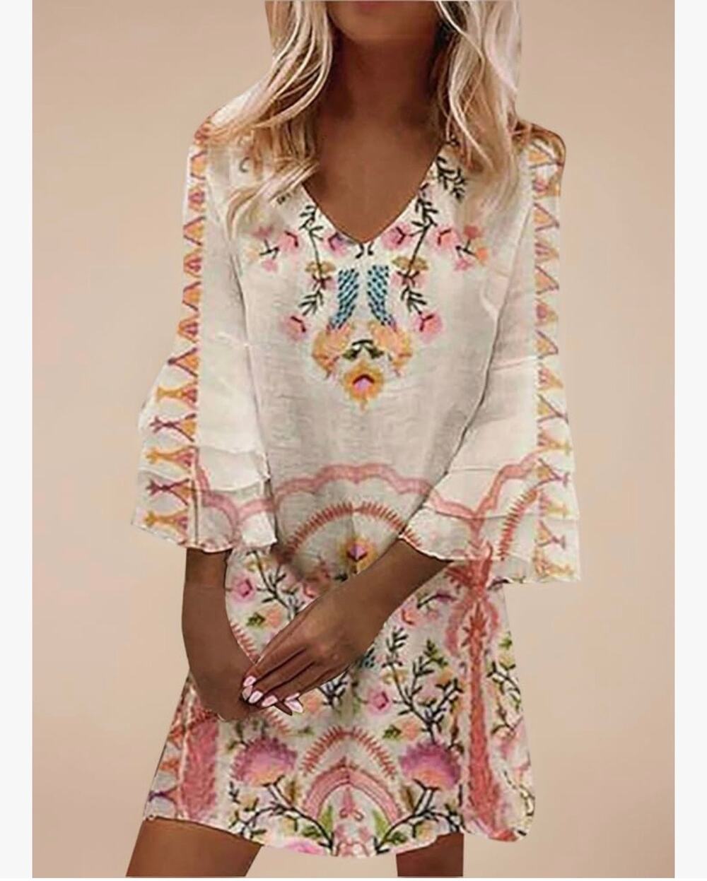 Boho Ivory Floral Embroidered V-Neck Dress Medium | Bell Sleeve Festival